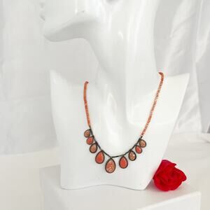 MONET Signed Coral Cabochon Antique Brass Necklace Vintage